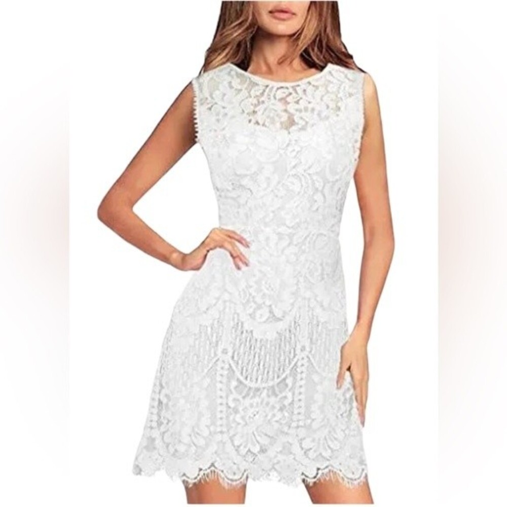MSLG Floral Lace Sleeveless A-Line Dress V-Back Wedding Rehearsal Dinner Party